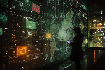 tiny computational images in a giant matrix and map technology infographic. Concept for the connected world through internet and datastreams. 