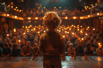 Fototapeta premium Designed with generative ai rear view photo of a beautiful talented boy standing on a stage with illumination