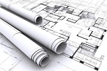 3D architectural model of a modern house on a detailed blueprint, showcasing layered floor plans and transparent structural elements for a futuristic design