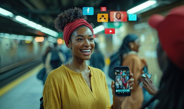 Smiling woman recording an interview in a subway with social media icons above, showcasing modern communication and technology