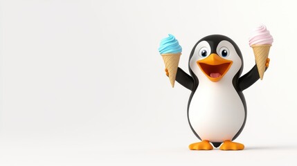 Obraz premium A cheerful cartoon penguin holding two ice cream cones, isolated on a white background. Playful and fun designs.
