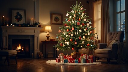 Cozy Christmas Tree with Presents and Warm Fireplace