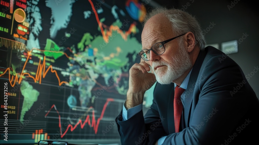 Poster a focused professional analyzes complex data displayed on a large screen, symbolizing business insig