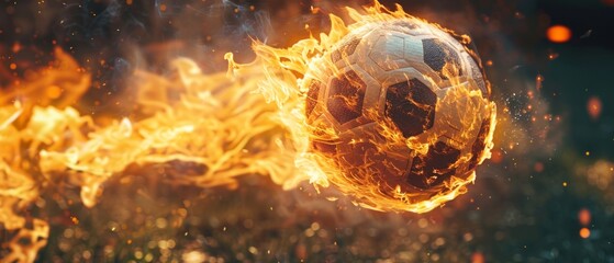 Flaming soccer ball in motion, red and black design, sparks flying. Dynamic, energetic scene with intense flames against a blurred background.
