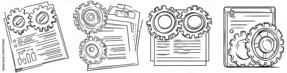 Poster an integration and data management icon resembling a gear connecting two digital documents