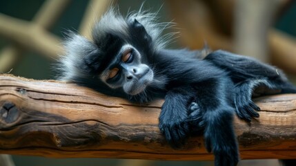Image of a dusky leaf monkey resting on a branch-like structure. The primate has grey and black fur, visible arms, large eyes, and a fluffy tail. Its relaxed posture and tranquil setting  