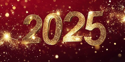 Golden 2025 Numbers with Sparkling Confetti on Red Background