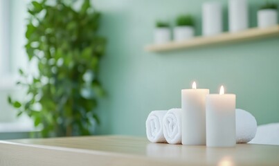 Two lit candles and a rolled towel on a wooden table in a spa room.