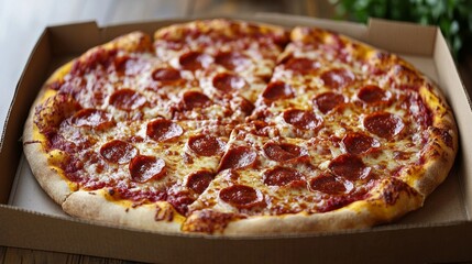 A box of pepperoni pizza sits on a table. The pizza is cut into slices and is ready to be eaten