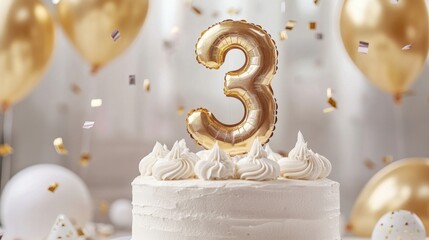 Number 3 Birthday cake. Celebration of Third Birthday with Golden Balloons and Cake