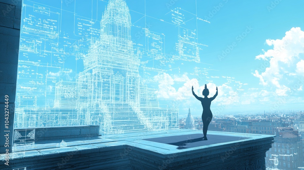 Canvas Prints A silhouetted figure stands on a rooftop, surrounded by architectural blueprints against a blue sky.