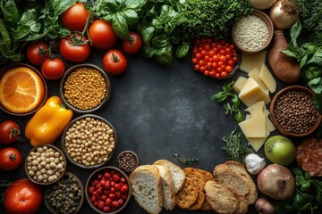 Colorful assortment of fresh vegetables and grains arranged on a dark surface, perfect for cooking