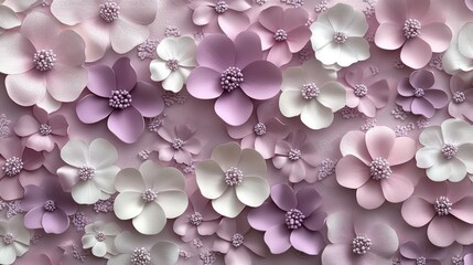 A seamless pattern of pink, purple, and white paper flowers on a pink background.