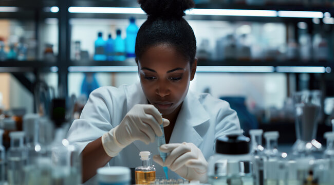 Medical bio laboratory, Research, Science test technology. Pharmaceutical lab specialist examines medicine vials, hospital patient samples. Medical student conducts research. Realistic style photo - Powered by Adobe