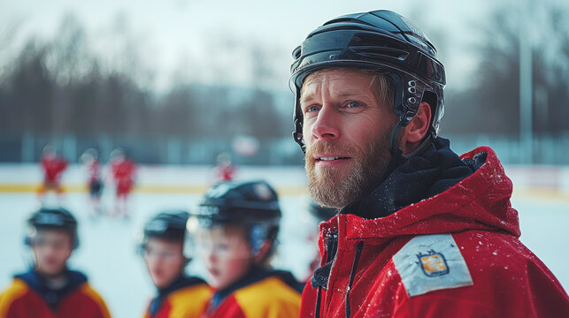 Ice Hockey Coach Portrait with Youth Team Practicing in Background