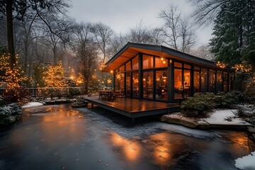 Fototapeta premium Glimmering Christmas lights enveloping a charming countryside cottage set against a serene snowy landscape with a frozen pond in the foreground