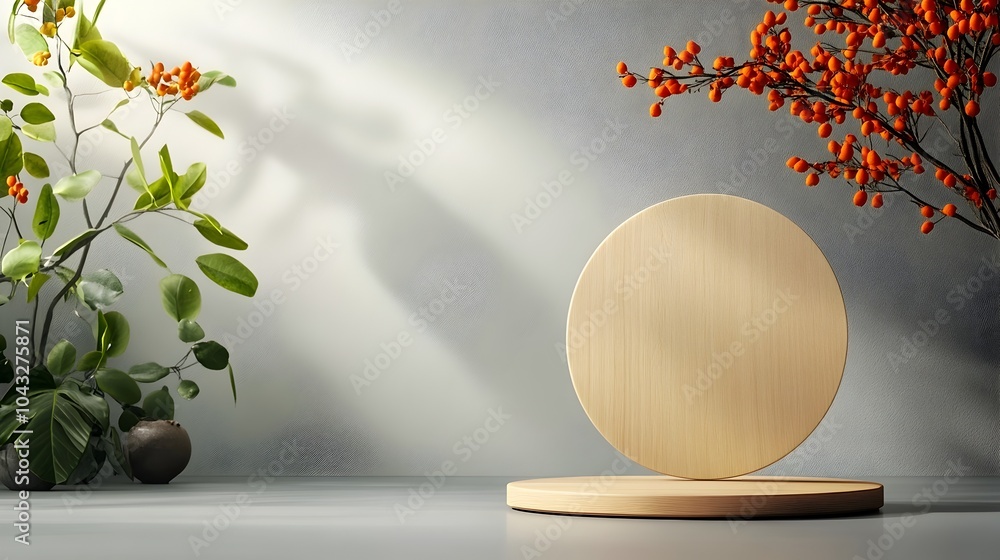 Poster elegant round wooden display stand showcased on a plain gray table with warm studio lighting creatin