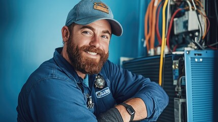 A smiling technician poses confidently next to HVAC equipment, showcasing professionalism and skill in a bright, well-lit environment.
