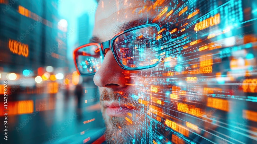 Poster a close-up of a man with glasses, surrounded by vibrant digital patterns, symbolizing data and techn