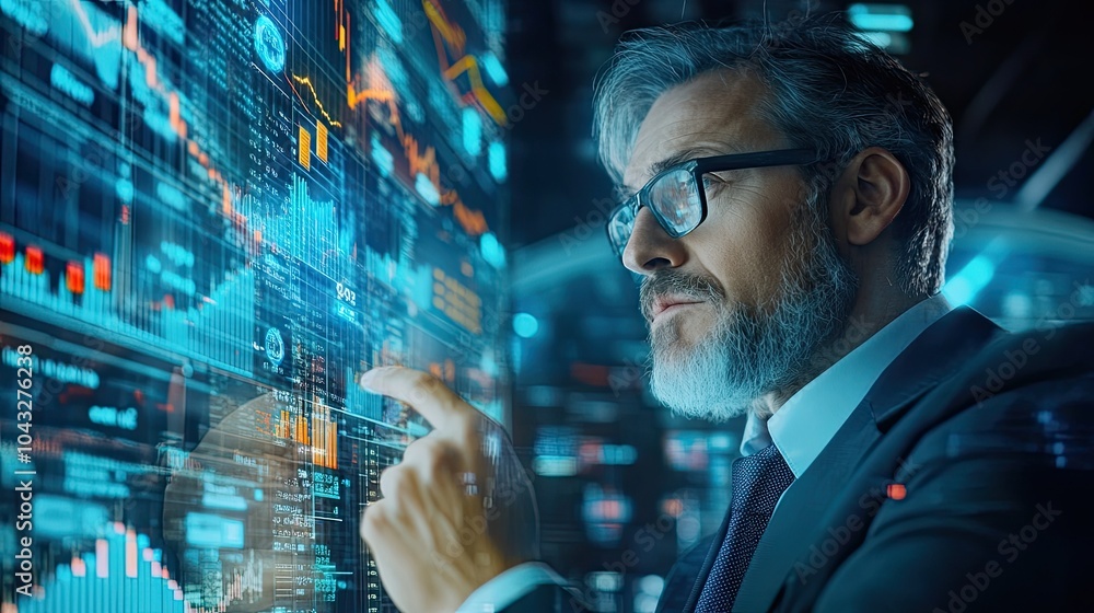 Poster a professional man analyzes digital data on a futuristic interface, showcasing technology and busine