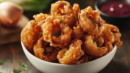 Golden Fried Onion Rings in a Bowl with Dipping Sauce