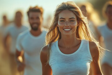 Group of smiling runners enjoying a sunny day outdoors during a fitness event