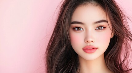 Fototapeta premium A portrait of a young woman with soft features, natural makeup, and long hair against a pink background, exuding beauty and elegance.