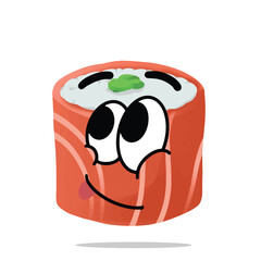 happy japanese sushi mascot character illustration. cute, playful, tasty, and delicious concept. traditional asian food, japan culinary, plating , and seafood themes