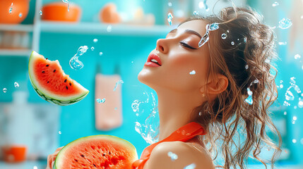 Banner celebrating aqua freshness web with watermelon and droplets