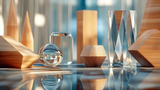 Abstract 3D setup with organic wood shapes and glass prisms casting soft reflections.