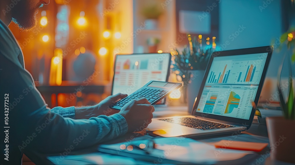 Poster a person using a calculator while analyzing data on two laptops, surrounded by warm lighting and pla