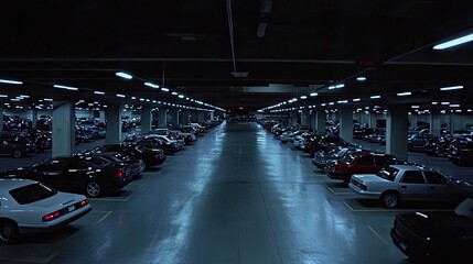 Dark Parking Garage with Vehicles Parked Neatly