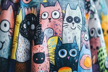 Obraz premium Colorful Cartoon Cat Pattern on Fabric