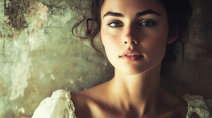 A woman's face with a serious expression, looking straight ahead.