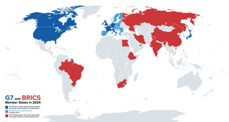 G7 and BRICS member states in 2024. Comparison of two intergovernmental political and economic forums. Group of Seven and the EU, that is not counted in the name, as well as the nine members of BRICS.