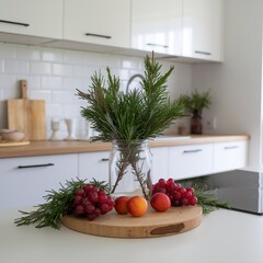 Fresh seasonal still life of grapes and pine on a round cutting board contrasting with bright, modern white kitchen cabinets.