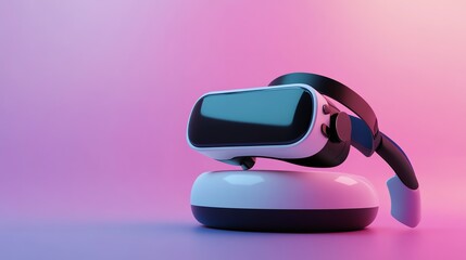 A white VR headset with black accents sits on a circular base against a pink and purple background.