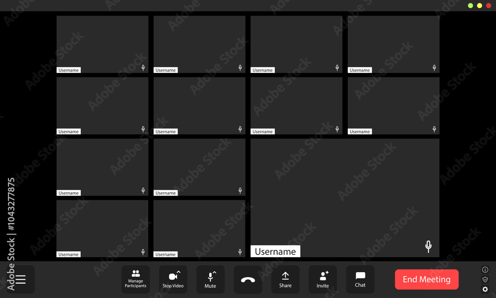 Poster virtual meeting platform in use with empty participant windows during a scheduled online conference 