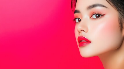 Fototapeta premium A close-up portrait of a model with striking makeup against a vibrant pink background, showcasing bold lip color and eye makeup.