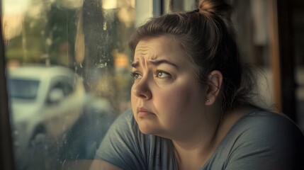Sad obese woman looks while standing by the window. 