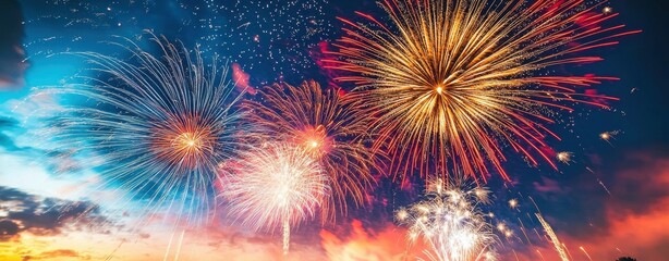 Fototapeta premium Happy New Year Celebration Background Concept. A vibrant display of colorful fireworks illuminating the night sky creating a festive atmosphere against a backdrop of twilight hues