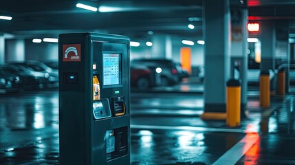 Modern Parking Meter in a Dimly Lit Garage