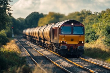 Obraz premium A powerful freight train moves along serene tracks surrounded by nature. This image captures the strength and beauty of transportation in a vibrant landscape. Generative AI