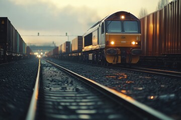 Dramatic view of a freight train on tracks. The scene conveys motion and industry. This captures the essence of transport and travel very well. Generative AI