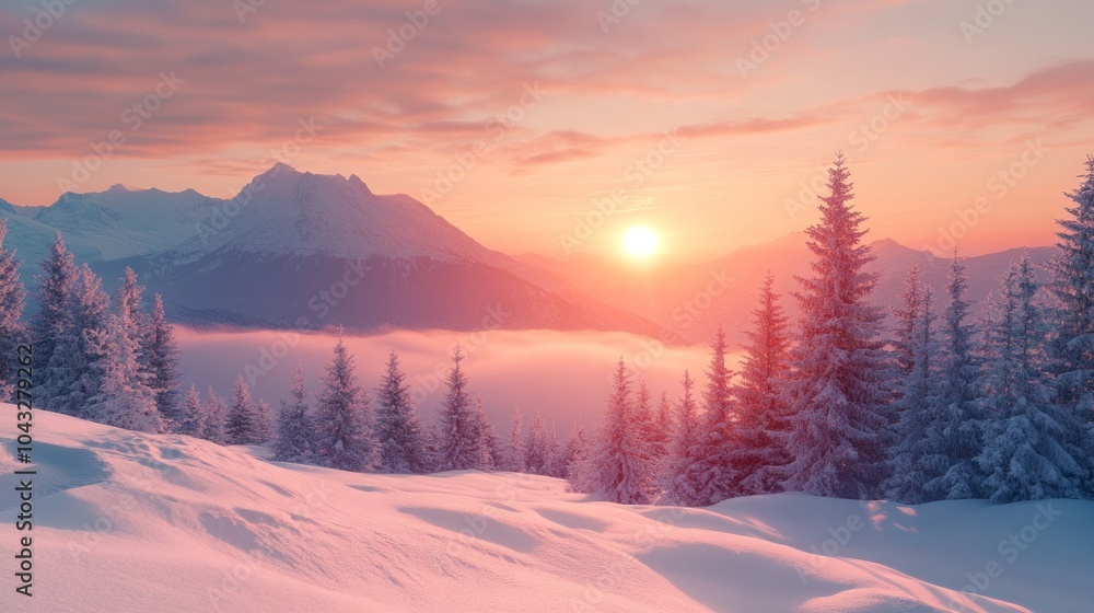 Poster a beautiful mountain range with a pink and orange sunset in the background. the sky is filled with c