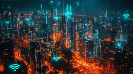 Futuristic cityscape with glowing network connections and skyscrapers, symbolizing advanced technology and modern communication networks.