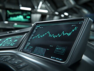 Obraz premium Futuristic dashboard displaying digital financial data with glowing green graphs and charts in a dark, modern command center setup.
