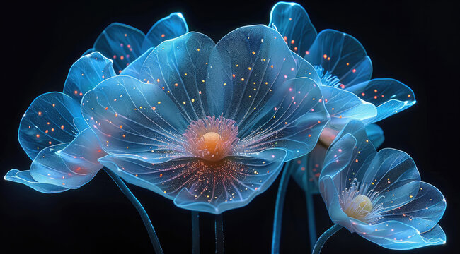 A bioluminescent glowing flowers, isolated on a black background.