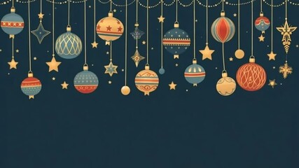 Video animated illustration New Years Christmas banner with hanging and swinging ornaments colorful balls stars garland on dark navy blue background - Powered by Adobe