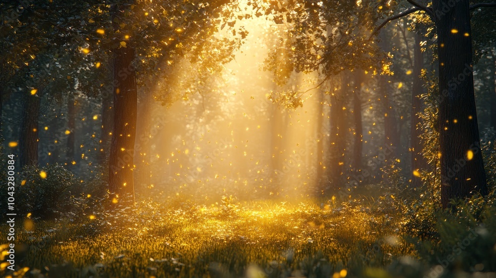 Poster a forest with a lot of trees and sunlight shining through the leaves. the sunlight is creating a war